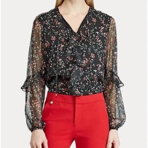 Lauren Ralph Lauren Sheer Sleeve Floral Print Cascading Ruffled Georgette Top 3X